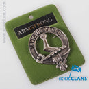 Armstrong Clan Crest Badge in Pewter, a detailed and stylish accessory representing the heritage and pride of the Armstrong clan. Perfect as a cap badge or brooch, showcasing intricate craftsmanship.