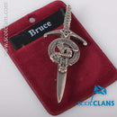 Clan Crest Pewter Kilt Pin featuring the Bruce Crest, beautifully crafted with an antique palladium finish, perfect accessory for traditional Scottish attire.