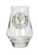 Thistle Whisky Tasting Glass showcasing handcrafted pewter thistle design, perfect for enhancing whisky aroma and flavor.