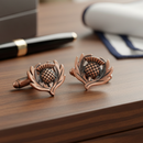 Traditional Thistle Cufflinks in copper or pewter finish by The Sgian Dubh Co, elegantly presented in a stylish box.