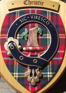 Christie Clan Crest Plaque showcasing Scottish heritage with unique designs and tartan, handmade in Glasgow