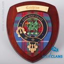 Crichton Clan Crest Plaque showcasing intricate hardwood craftsmanship and clan tartan design, perfect for home decor and celebrating Scottish heritage.
