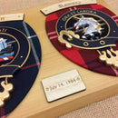 Detailed view of the Double Clan Wall Plaque showing the intricate hardwood shield and clan crest design.