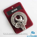 Durie Clan Crest Badge in Pewter featuring a traditional belted design, perfect for everyday wear and clan gatherings. Wear it as a cap badge or brooch pin.