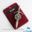 Clan Crest Pewter Kilt Pin with Durie Crest, beautifully crafted pewter broadsword style kilt pin featuring an antique palladium finish, perfect for showcasing your Scottish heritage.
