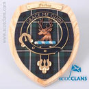 Forbes Clan Crest Plaque displayed on a hardwood shield, showcasing authentic Scottish craftsmanship for proud members of the Forbes clan.