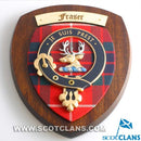 Fraser of Lovat Clan Crest Plaque, handmade in Glasgow, Scotland, showcasing the detailed hardwood shield and authentic tartan, perfect as a unique Scottish gift.