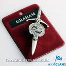 Clan Crest Pewter Kilt Pin with Graham Crest, featuring an antique palladium finish and hand-cast in Scotland, perfect for showcasing your Scottish heritage.