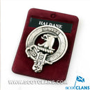 Haldane Clan Crest Badge in Pewter, stylish clan badge for wear and gatherings, featuring traditional belted design.