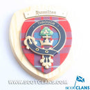 Handmade Hamilton Clan Crest Plaque featuring quality hardwood and tartan, perfect for displaying Scottish heritage.