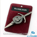 Clan Crest Pewter Kilt Pin featuring the Hamilton Crest, showcasing its antique palladium finish and broadsword style design, perfect for adding a traditional Scottish touch to your kilt.