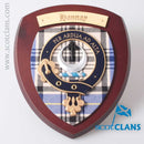 Hannay Clan Crest Plaque showcasing a handcrafted hardwood shield adorned with the clan tartan, celebrating Scottish heritage with elegance.
