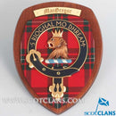 Handmade MacGregor Clan Crest Plaque featuring a beautiful hardwood shield and unique tartan, crafted in Glasgow, Scotland.