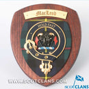 MacLeod Clan Crest Wall Plaque, handmade in Glasgow, showcasing unique Scottish tartan design on a hardwood shield.