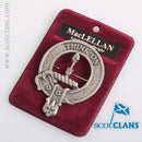 MacLellan Clan Crest Badge in Pewter, featuring a traditional belted design, perfect for everyday wear or clan gatherings as a cap badge or brooch pin.