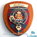 Close-up view of the MacGregor Clan Crest Plaque showcasing the intricate details and rich colors of the tartan fabric.