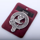 Rose Clan Crest Badge in Pewter, featuring a traditional belted design, perfect for everyday wear and special clan gatherings. Size: approximately 2" x 2.5".