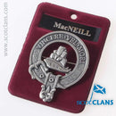 MacNeil Clan Crest Badge in Pewter, showcasing the traditional belted design, perfect for everyday wear or clan gatherings.