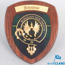 Elegant display of the Johnstone Clan Crest Plaque showcasing Scottish heritage and craftsmanship, perfect for home decor.