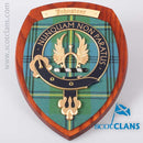 Stunning Johnstone Clan Crest Plaque featuring a hardwood shield with tartan, handcrafted in Glasgow Scotland.