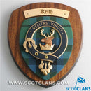 Handmade Keith Clan Crest Plaque featuring a hardwood shield and tartan design, perfect for showcasing Scottish heritage.