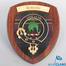 Kennedy Clan Crest Plaque showcasing the intricate tartan design on a beautiful hardwood shield, a perfect representation of Scottish heritage.
