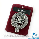 Leslie Clan Crest Badge in Pewter, a stylish cap badge or brooch pin featuring a traditional belted design, perfect for clan gatherings.