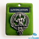 Livingston Clan Crest Badge in Pewter showcasing a detailed design, ideal for displaying clan pride and heritage.