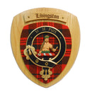 Livingstone Clan Crest Plaque showcasing authentic Scottish craftsmanship, handmade in Glasgow, featuring the iconic tartan of the Livingstone clan.