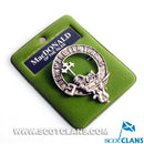 MacDonald of the Isles Clan Crest Badge in Pewter, showcasing a traditional design with a clansman belt and durable locking safety pin, perfect for cap or brooch pin wear.