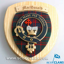 Handmade MacDonald Clan Crest Plaque featuring intricate design details, perfect for displaying Scottish heritage and pride.