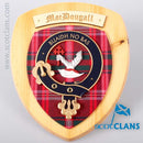 MacDougall Clan Crest Plaque showcasing a vibrant tartan design and handcrafted hardwood shield, celebrating Scottish heritage.