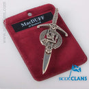 Clan Crest Pewter Kilt Pin featuring the MacDuff Crest, crafted in Scotland with antique palladium finish, perfect for showcasing Scottish heritage.