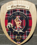 MacFarlane Clan Crest Plaque showcasing Scottish craftsmanship with hardwood shield and official tartan, handmade in Glasgow.