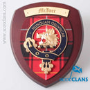 Handmade MacIver Clan Crest Plaque featuring a hardwood shield and authentic tartan, showcasing Scottish heritage in a stylish 7" x 8" design. Perfect for home or office decor.