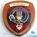 MacLachlan Clan Crest Plaque displayed elegantly, showcasing its handcrafted design from Glasgow, Scotland, featuring the authentic MacLachlan tartan, perfect for celebrating Scottish heritage.