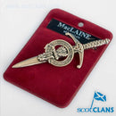 Clan Crest Pewter Kilt Pin featuring the MacLaine Crest, beautifully crafted in Scotland with an antique palladium finish.
