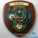 MacLaren Clan Crest Plaque showcasing a handmade hardwood shield with the official tartan, perfect for adding Scottish heritage to your home decor.