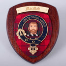 MacNab Clan Crest Plaque handcrafted in Glasgow, Scotland, featuring unique tartan and hardwood shield.