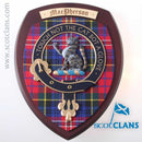Handmade MacPherson Clan Crest Plaque showcasing Scottish heritage and craftsmanship, featuring a hardwood shield and the clan's official tartan.