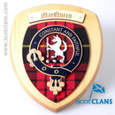 MacQueen Clan Crest Plaque showcasing authentic Scottish craftsmanship and heritage, handmade in Glasgow, measuring 7" x 8" with clan tartan.