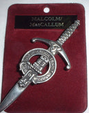 Clan Crest Pewter Kilt Pin featuring Malcolm Crest, a beautifully crafted broadsword style pin with antique palladium finish, perfect for showcasing Scottish heritage.