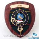 Mar Clan Crest Plaque showcasing authentic Scottish tartan and hardwood design, handmade in Glasgow.