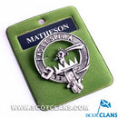 Matheson Clan Crest Badge in Pewter featuring a traditional design, perfect for displaying clan pride. This stylish badge is made of palladium coated pewter and measures 40mm (1.75"), ideal for wearing as a cap badge or brooch.