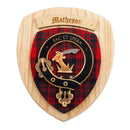 Matheson Clan Crest Plaque showcasing handmade Scottish craftsmanship with rich tartan design, perfect for displaying heritage.