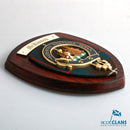 Close-up view of the MacKinnon Clan Crest Plaque highlighting its hardwood material and craftsmanship.