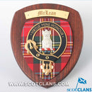 MacLean Clan Crest Plaque handmade in Scotland showcasing traditional tartan, perfect for gifting.