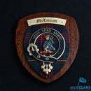 Close-up view of the MacLennan Clan Crest Plaque highlighting the intricate details and vibrant tartan pattern, made to order in Glasgow.