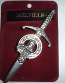 Clan Crest Pewter Kilt Pin featuring the Melville Crest, beautifully crafted in Scotland with an antique palladium finish.