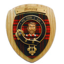 Menzies Clan Crest Plaque, handmade in Scotland, featuring premium hardwood and clan tartan, perfect for showcasing Scottish heritage.